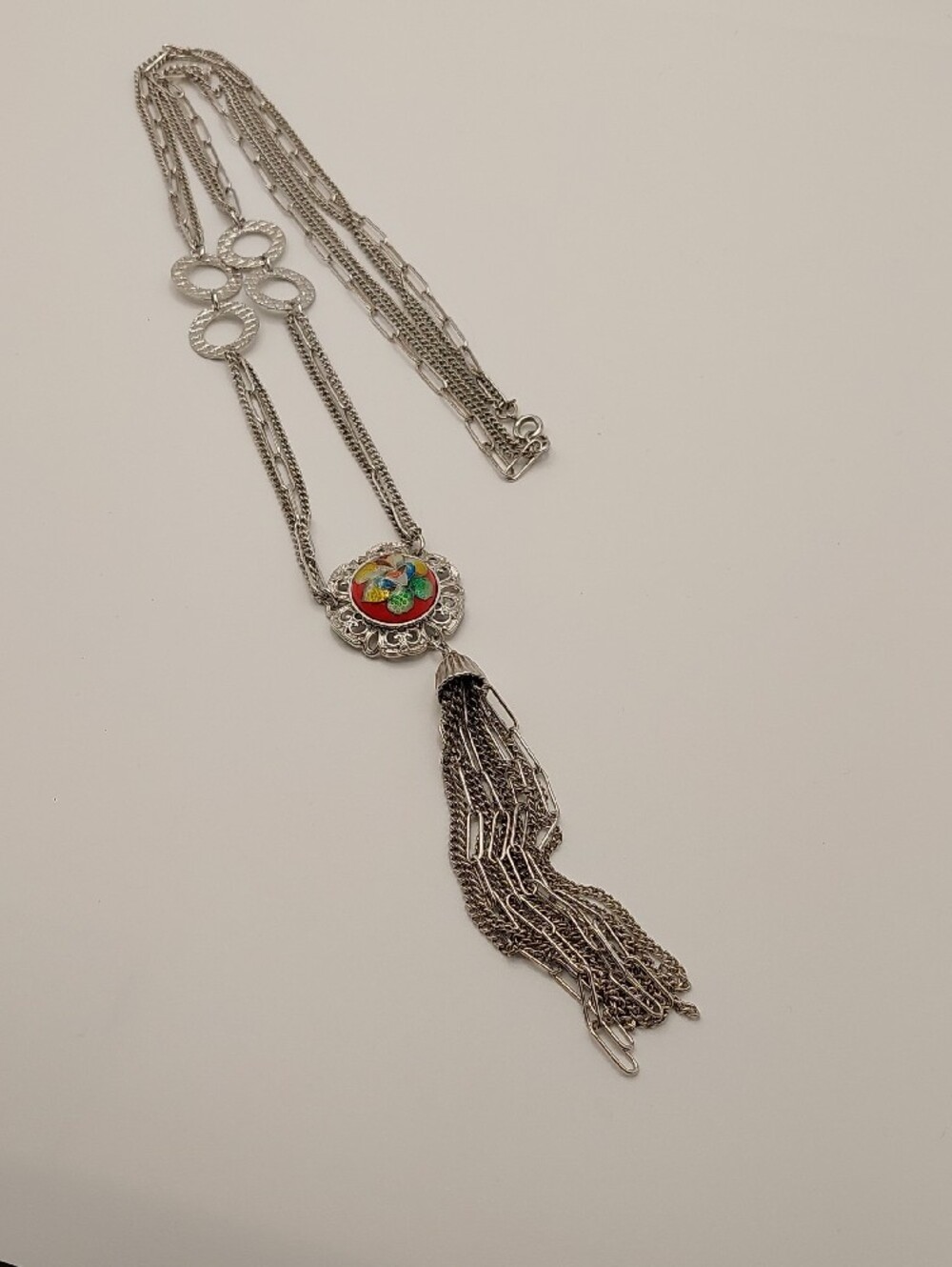 Vtg Silvertone Tassel Pendant Necklace with Multicolor Enamel Floral Accent - Picture 9 of 13